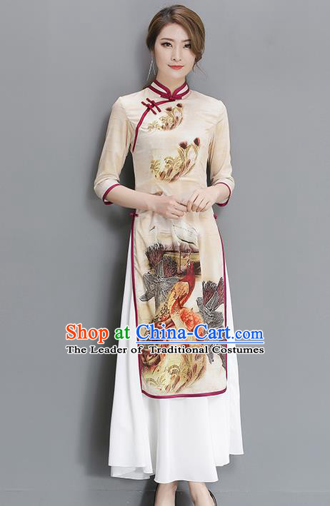 Traditional Ancient Chinese National Costume, Elegant Hanfu Mandarin Qipao Printing White Dress, China Tang Suit Stand Collar Cheongsam Upper Outer Garment Elegant Dress Clothing for Women
