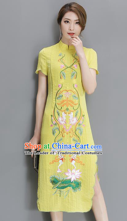 Traditional Ancient Chinese National Costume, Elegant Hanfu Mandarin Qipao Embroidered Lotus Yellow Dress, China Tang Suit Cheongsam Upper Outer Garment Elegant Dress Clothing for Women