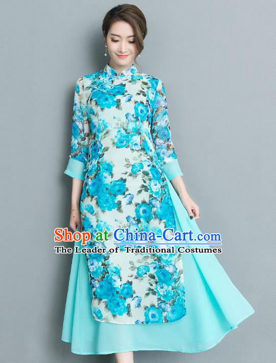 Traditional Ancient Chinese National Costume, Elegant Hanfu Mandarin Qipao Printing Stand Collar Big Swing Blue Dress, China Tang Suit Cheongsam Upper Outer Garment Elegant Dress Clothing for Women