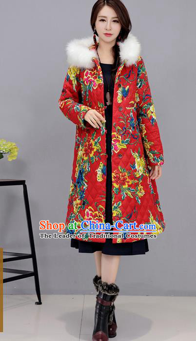 Traditional Ancient Chinese National Costume, Elegant Hanfu Stand Collar Coat Red Cotton Wadded Robes, China Tang Suit Plated Buttons Cape, Upper Outer Garment Dust Coat Clothing for Women