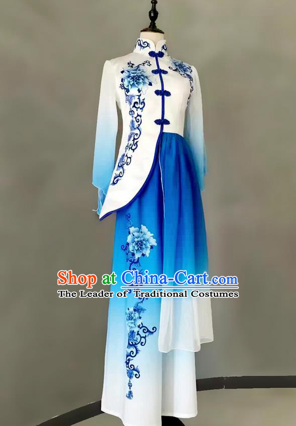 Traditional Chinese Ancient Peking Opera Water Sleeve Dancing Costume, Blue and White Porcelain Classical Folk Dance Costume Lotus Dance Clothing for Women