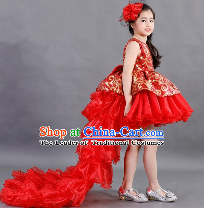 Traditional Chinese Modern Dancing Compere Costume, Children Opening Classic Chorus Singing Group Dance Paillette Uniforms, Modern Dance Classic Dance Red Trailing Dress for Girls Kids