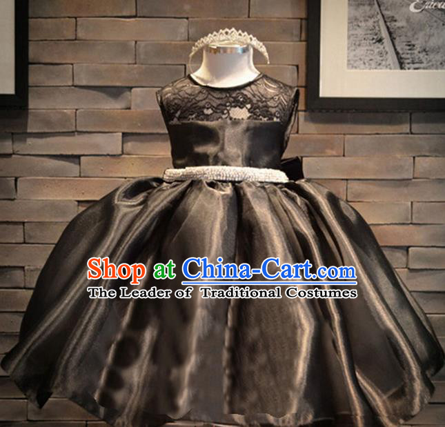 Traditional Chinese Modern Dancing Compere Costume, Children Opening Classic Chorus Singing Group Dance Embroidery Dress, Modern Dance Classic Dance Black Bubble Dress for Girls Kids