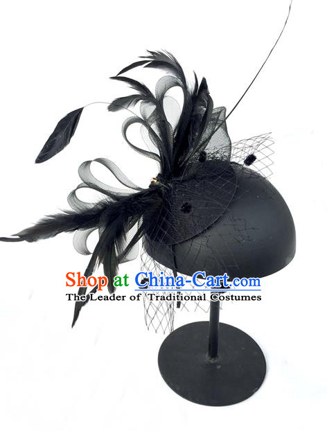 Top Grade Handmade Chinese Classical Hair Accessories, Children Baroque Style Princess Royal Black Top-hat, Hair Sticks Feather Hat for Kids Girls