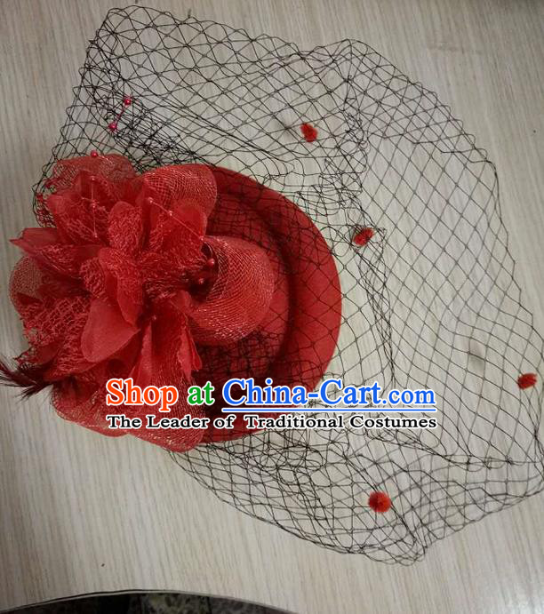Top Grade Handmade Chinese Classical Hair Accessories, Children Baroque Style Headband Princess Red Veil Top-hat, Hair Sticks Headwear Hats for Kids Girls