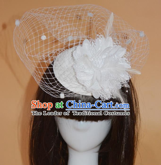 Top Grade Handmade Chinese Classical Hair Accessories, Children Baroque Style Headband Princess White Veil Feather Top-hat, Hair Sticks Headwear Hats for Kids Girls