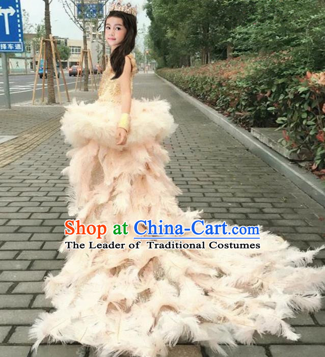 Top Grade Chinese Compere Performance Costume, Children Chorus Singing Group Full Dress Modern Dance Ostrich Feather Trailing Dress for Girls Kids