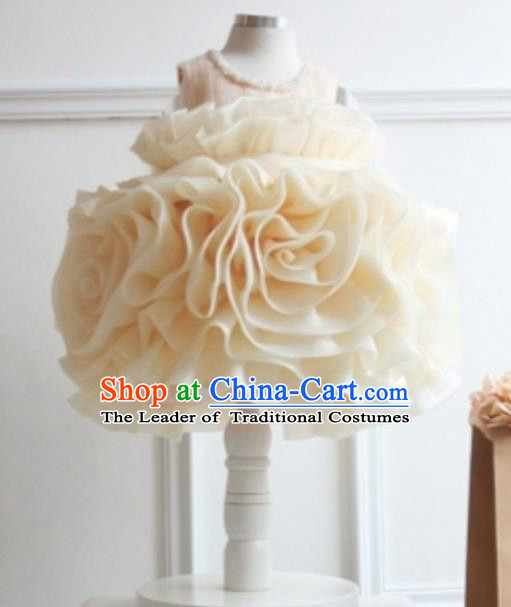 Top Grade Chinese Compere Performance Costume, Children Chorus Singing Group Champagne Full Dress Modern Dance Flowers Bubble Dress for Girls Kids