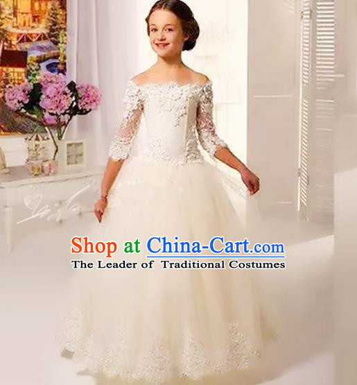 Top Grade Chinese Compere Performance Costume, Children Chorus Singing Group Baby Princess White Off Shoulder Full Dress Modern Dance Veil Bubble Cocktail Dress for Girls Kids