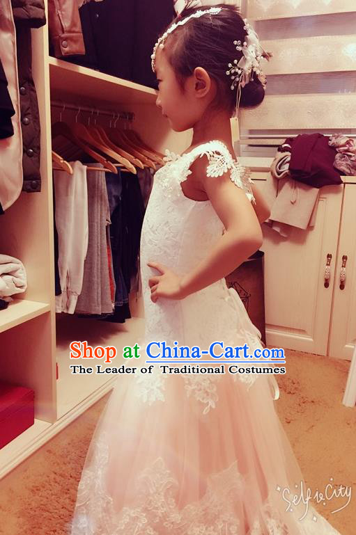 Top Grade Chinese Compere Performance Costume, Children Chorus Singing Group Baby Princess Mermaid Full Dress Modern Dance Bubble Lace Dress for Girls Kids