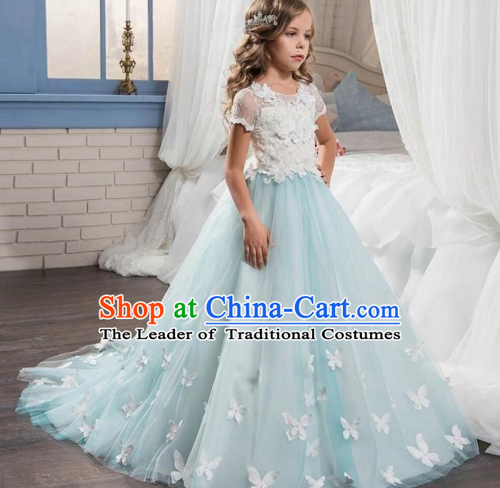 Top Grade Professional Compere Performance Catwalks Costume, Children Chorus Singing Group Baby Princess Lace Butterfly Wedding Full Dress Modern Dance Trailing Long Dress for Girls Kids
