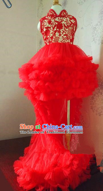 Top Grade Professional Compere Performance China Style Catwalks Costume, Children Chorus Singing Group Dragon Robes Red Full Dress Modern Dance Trailing Lace Cheongsam Dress for Girls Kids