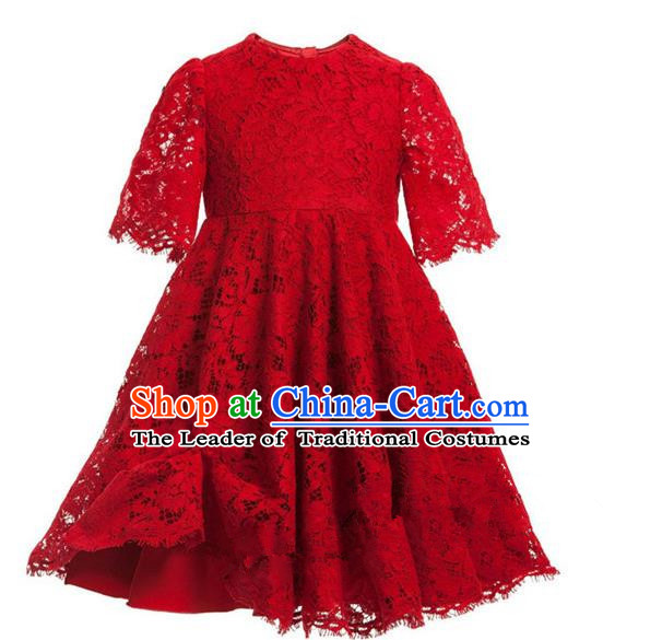Top Grade Professional Compere Performance Catwalks Costume, Children Chorus Singing Group Red Lace Dress Full Dress Modern Dance Short Dress for Girls Kids