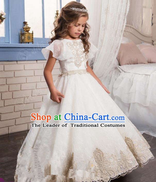 Top Grade Chinese Compere Professional Performance Catwalks Costume, Children Chorus White Lace Big Swing Wedding Formal Dress Modern Dance Baby Princess Long Bubble Dress for Girls Kids