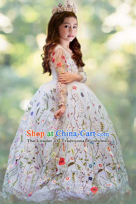 Top Grade Chinese Compere Professional Performance Piano Recital Catwalks Costume, Children Chorus Embroidery Flowers White Wedding Bubble Formal Dress Modern Dance Baby Princess Trailing Long Dress for Girls Kids