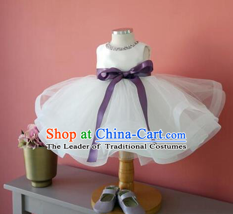 Top Grade Chinese Compere Professional Performance Catwalks Costume, Children Chorus White Veil Bubble Formal Dress Modern Dance Baby Princess Short Dress for Girls Kids