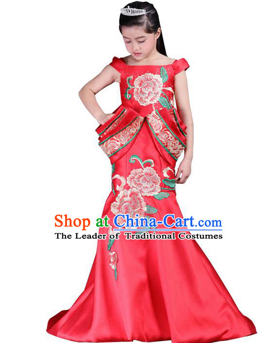 Top Grade Professional Compere Performance China Style Catwalks Costume, Children Chorus Singing Group Red Embroidery Peony Cheongsam Full Dress Modern Dance Fishtail Dress for Girls Kids