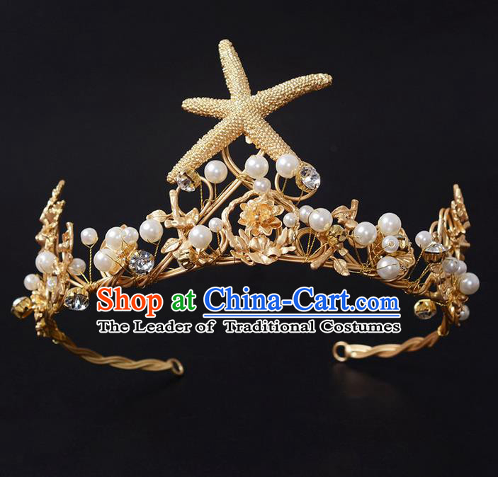Top Grade Handmade Classical Hair Jewelry Accessories, Children Baroque Style Crystal Baby Princess Starfish Royal Crown Hair Clasp for Kids Girls