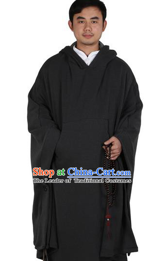 Top Kung Fu Costume Martial Arts Deep Grey Cloak Pulian Zen Clothing, Tai Ji Mantle Gongfu Shaolin Wushu Tai Chi Meditation Hooded Cape for Men