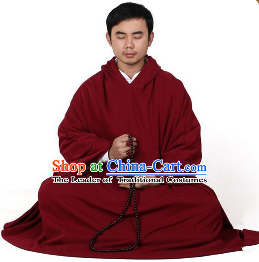 Top Kung Fu Costume Martial Arts Wine Red Cloak Pulian Zen Clothing, Tai Ji Mantle Gongfu Shaolin Wushu Tai Chi Meditation Hooded Cape for Men