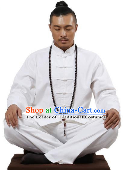 Top Grade Kung Fu Costume Martial Arts White Linen Suits Pulian Zen Clothing, Training Costume Tai Ji Uniforms Gongfu Shaolin Wushu Tai Chi Clothing for Men