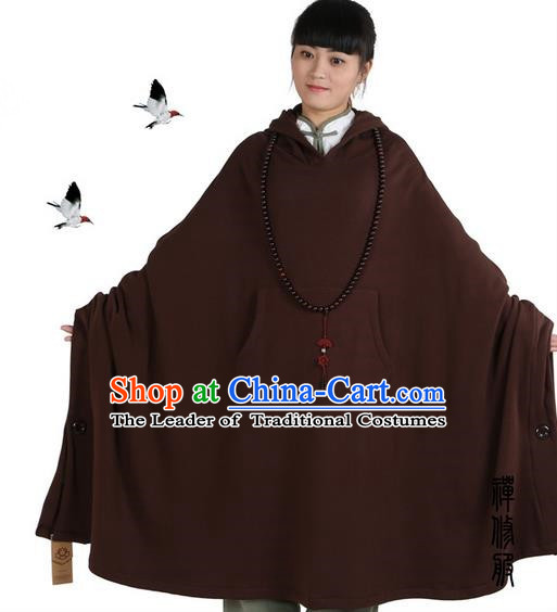 Top Kung Fu Costume Martial Arts Brownness Hooded Cloak Pulian Clothing, Tai Ji Mantle Gongfu Shaolin Wushu Tai Chi Meditation Cape for Women