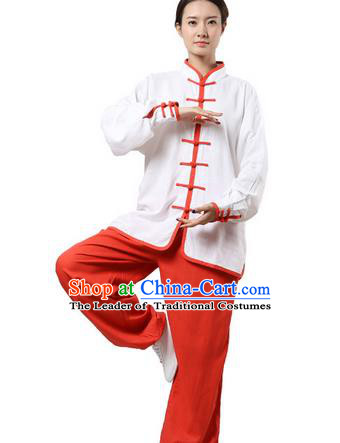 Top Grade Kung Fu Costume Martial Arts White Red Edge Suits Pulian Zen Clothing, Training Costume Tai Ji Uniforms Gongfu Shaolin Wushu Tai Chi Plated Buttons Clothing for Women
