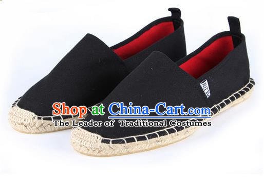 Top Grade Kung Fu Martial Arts Shoes Pulian Shoes, Chinese Traditional Tai Chi Linen Black Shoes Monk Straw Cloth Shoes for Women for Men