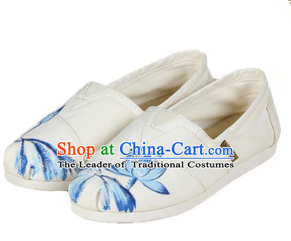 Top Grade Kung Fu Martial Arts Shoes Pulian Shoes, Chinese Traditional Tai Chi Linen Painting Blue Lotus Shoes Cloth Zen Shoes for Women