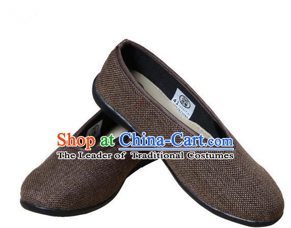 Top Grade Kung Fu Martial Arts Shoes Pulian Shoes, Chinese Traditional Tai Chi Fine Linen Cloth Zen Brown Shoes for Women for Men