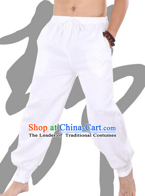 Top Grade Kung Fu Costume Martial Arts White Linen Pants Pulian Zen Clothing, Training Bloomers Gongfu Trousers Shaolin Wushu Tai Chi Meditation Plus Fours for Men