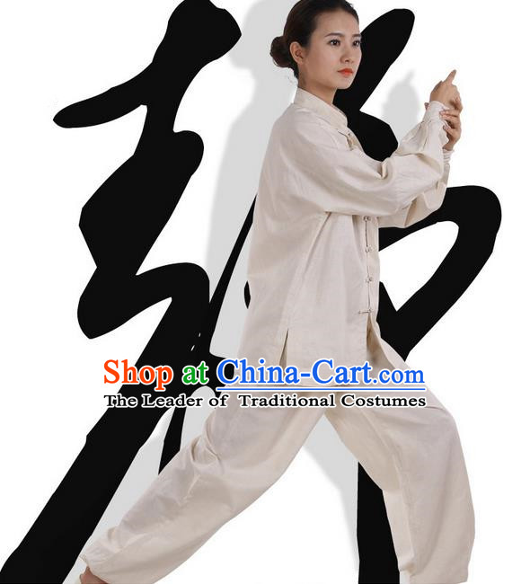 Top Grade Kung Fu Costume Martial Arts Army Beige Linen Suits Pulian Zen Clothing, Training Costume Tai Ji Meditation Uniforms Gongfu Wushu Tai Chi Plated Buttons Clothing for Women