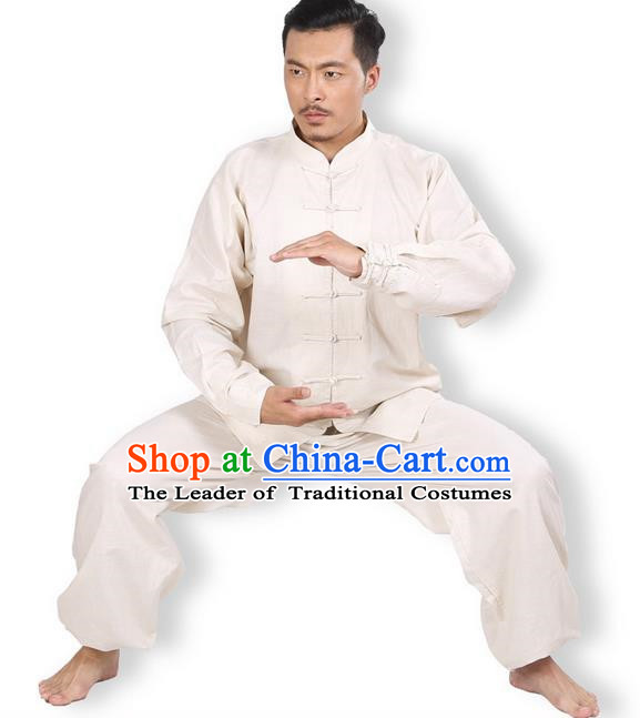 Top Grade Kung Fu Costume Martial Arts Beige Linen Suits Pulian Zen Clothing, Training Costume Tai Ji Meditation Uniforms Gongfu Wushu Tai Chi Plated Buttons Clothing for Men