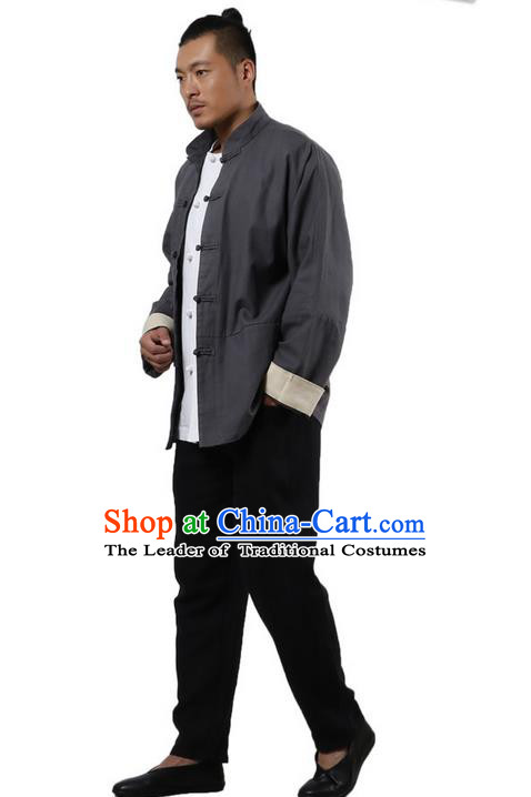 Top Grade Chinese Kung Fu Costume Martial Arts Grey Linen Coats Pulian Clothing, Gongfu Meditation Shaolin Wushu Tai Chi Tang Suit Jacket for Men