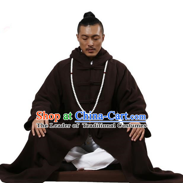 Top Grade Kung Fu Costume Martial Arts Woolen Pulian Clothing Coffee Long Coat, Gongfu Shaolin Wushu Tai Chi Tang Suit Meditation Dust Coat for Women for Men