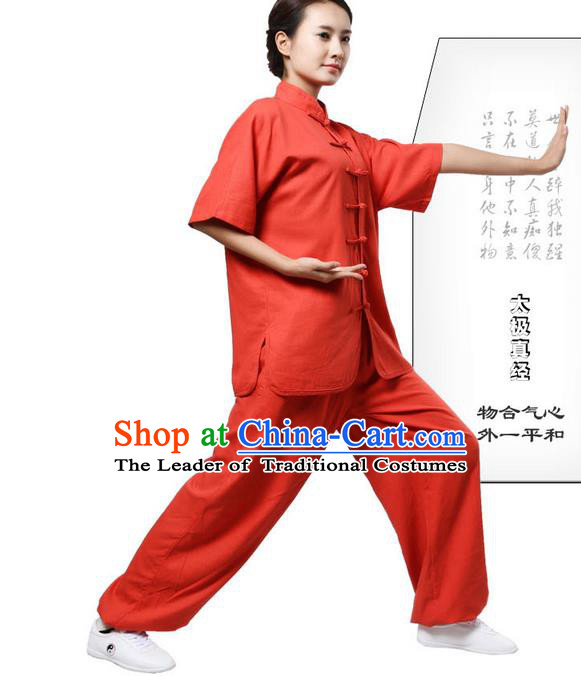 Traditional Chinese Kung Fu Costume Martial Arts Linen Watermelon Red Suits Pulian Meditation Clothing, Tang Suit Plated Buttons Uniforms Tai Chi Clothing for Women