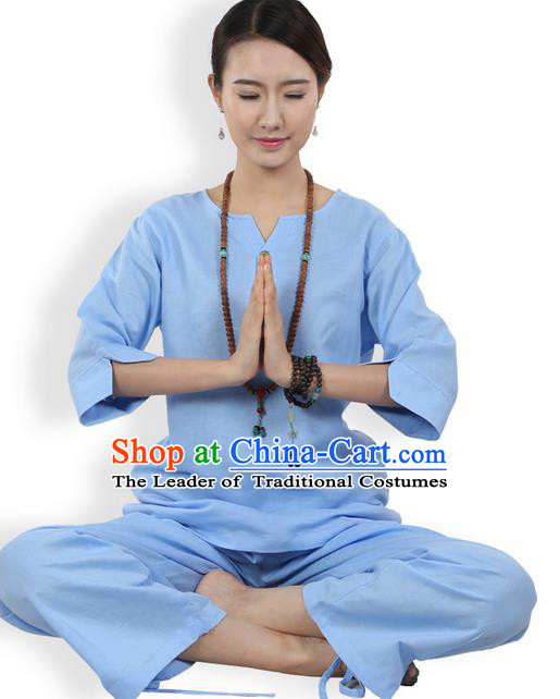 Traditional Chinese Kung Fu Costume Martial Arts Linen Blue Suits Pulian Meditation Clothing, China Tang Suit Yoga Uniforms Tai Chi Clothing for Women