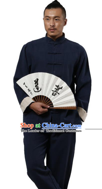 Traditional Chinese Kung Fu Costume Martial Arts Navy Ramine Suits Pulian Meditation Clothing, Tai Ji Uniforms Wushu Tai Chi Zen Clothing for Men