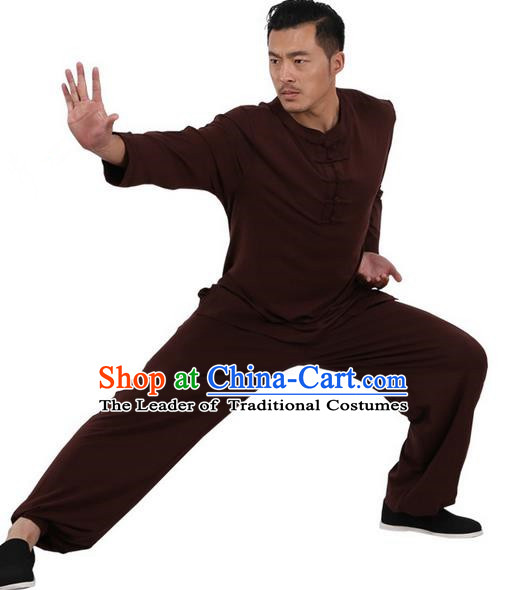 Traditional Chinese Kung Fu Costume Martial Arts Linen Plated Buttons Coffee Suits Pulian Meditation Clothing, China Tang Suit Uniforms Tai Chi Clothing for Men