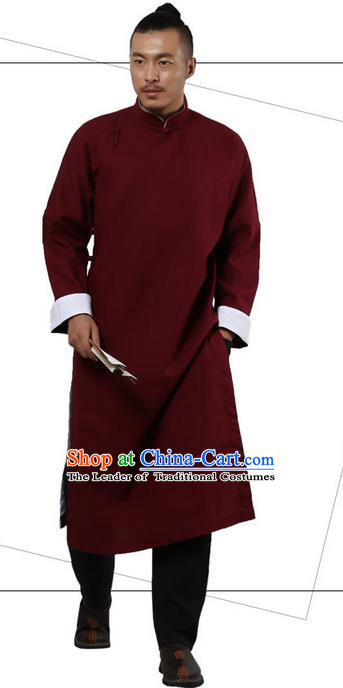 Traditional Chinese Kung Fu Costume Martial Arts Linen Plated Buttons Red Long Robe Pulian Clothing, China Tang Suit Long Flown Tai Chi Clothing for Men