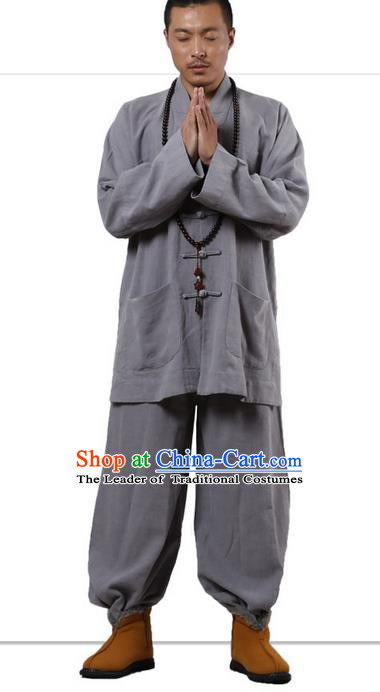 Traditional Chinese Kung Fu Costume Martial Arts Ramie Long Sleeve Light Grey Plated Buttons Uniforms Pulian Clothing, China Tang Suit Tai Chi Meditation Clothing for Men