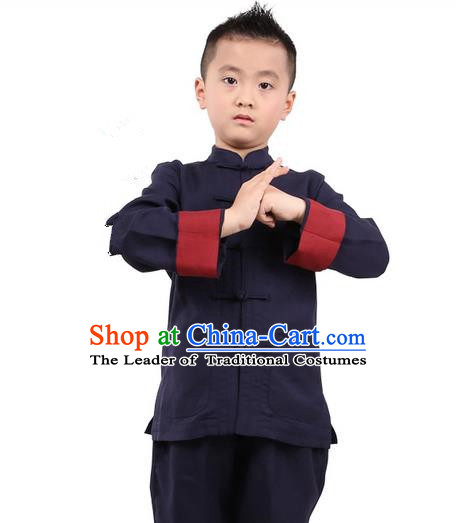 Traditional Chinese Kung Fu Costume, Children Martial Arts Linen Long Sleeve Suits Pulian Clothing, China Tang Suit Tai Chi Meditation Navy Uniforms for Kids