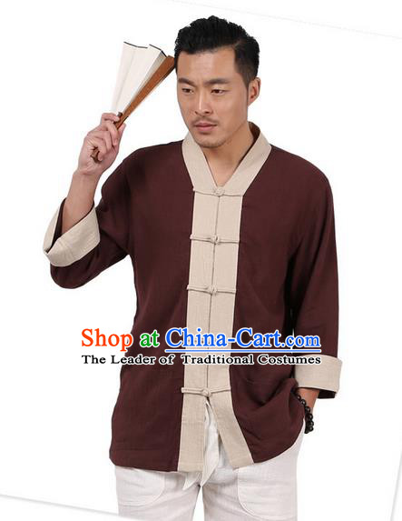 Traditional Chinese Kung Fu Costume Martial Arts Linen Plated Buttons Shirts Pulian Clothing, China Tang Suit Tai Chi Overshirt Coffee Upper Outer Garment for Men
