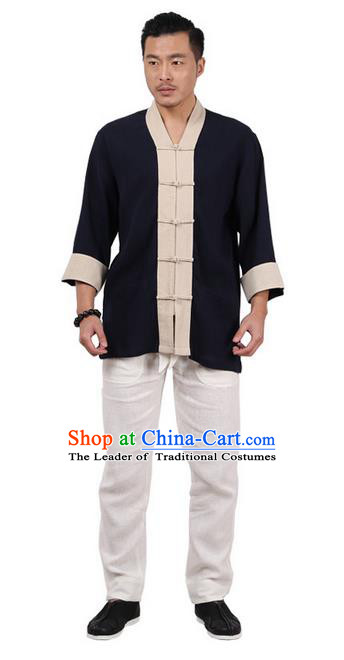Traditional Chinese Kung Fu Costume Martial Arts Linen Plated Buttons Shirts Pulian Clothing, China Tang Suit Tai Chi Overshirt Navy Upper Outer Garment for Men