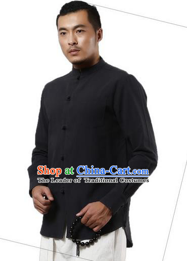 Traditional Chinese Kung Fu Costume Martial Arts Linen Plated Buttons Shirts Pulian Clothing, China Tang Suit Tai Chi Stand Collar Overshirt Deep Grey Upper Outer Garment for Men