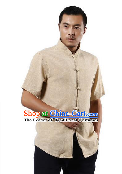 Traditional Chinese Kung Fu Costume Martial Arts Linen Short Sleeve Shirts Pulian Clothing, China Tang Suit Tai Chi Plated Buttons Overshirt Beige Upper Outer Garment for Men