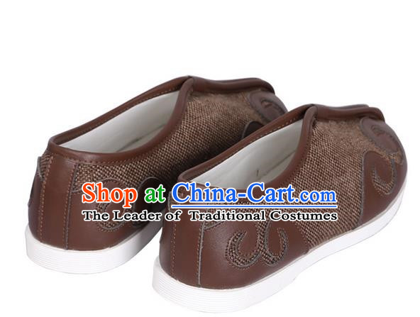 Top Chinese Traditional Tai Chi Brown Linen Shoes Kung Fu Pulian Shoes Martial Arts Shoes for Men