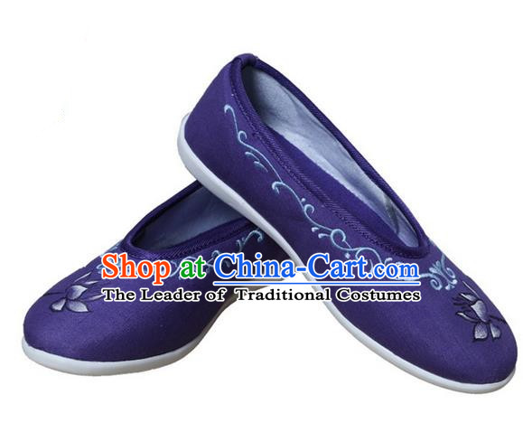 Top Chinese Traditional Tai Chi Embroidered Lotus Linen Shoes Kung Fu Pulian Shoes Martial Arts Purple Shoes for Women