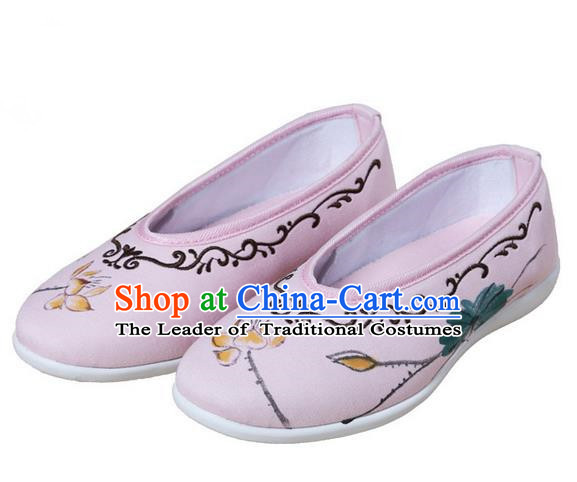 Top Chinese Traditional Tai Chi Embroidered Lotus Linen Shoes Kung Fu Pulian Shoes Martial Arts Pink Shoes for Women