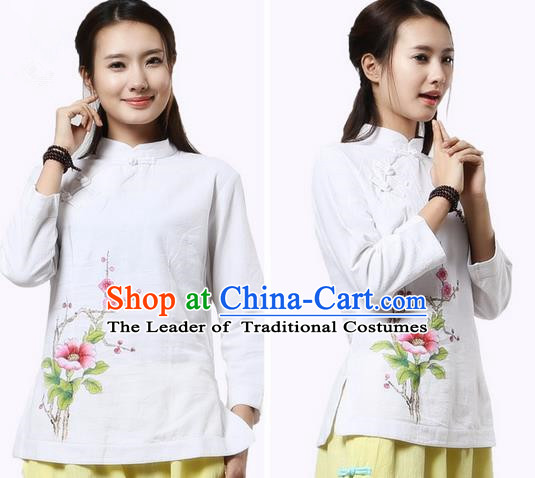 Top Chinese Traditional Costume Tang Suit White Blouse, Pulian Clothing China Cheongsam Upper Outer Garment Painting Trumpet Flower Plated Buttons Shirts for Women